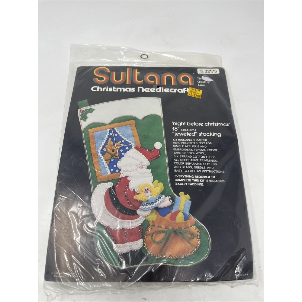 VTG Sultana 16" Night Before Christmas #32173 Jeweled Needlecraft Stocking Kit